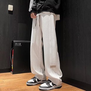 男生潮牌阔腿裤 美式 加绒宽松运动裤 子男秋冬季 子 华夫格休闲直筒裤
