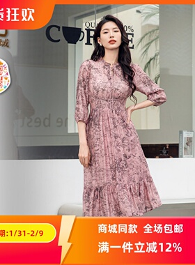 ART艺域女装正品专柜2024秋日百搭优雅气质印花网纱连衣裙P3L006