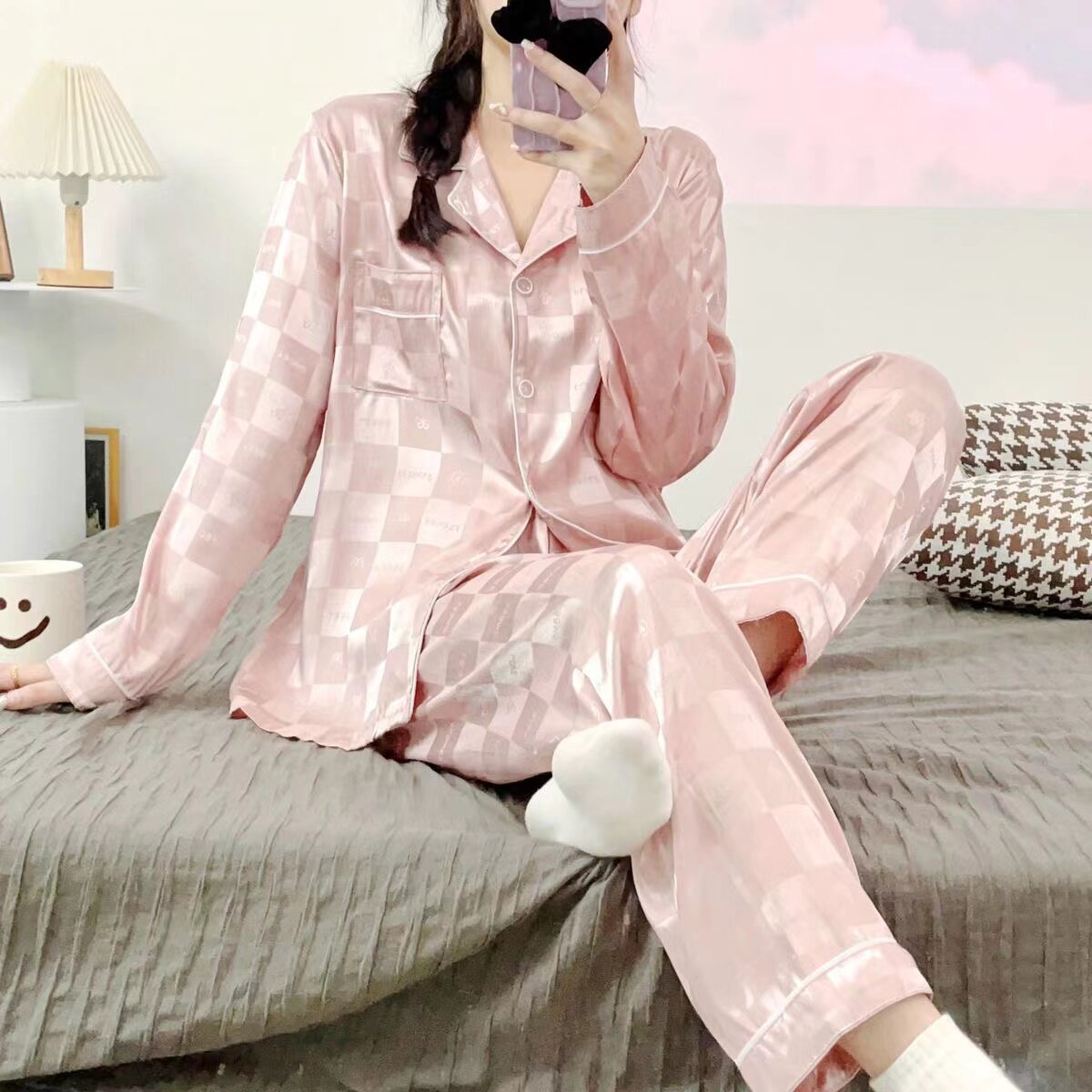 春秋季新款时尚格子冰雪丝夏天睡衣长袖丝质简约高级可外穿家居服