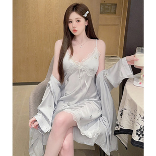 夏季 性感蝴蝶吊带睡衣女款 带胸垫甜美冰丝绸家居服纯欲风蕾丝睡裙