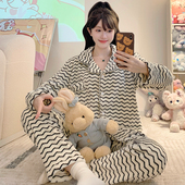 220斤可穿家居服M 睡衣女冬季 5XL 套装 宽松大码 新款 法兰绒条纹开衫
