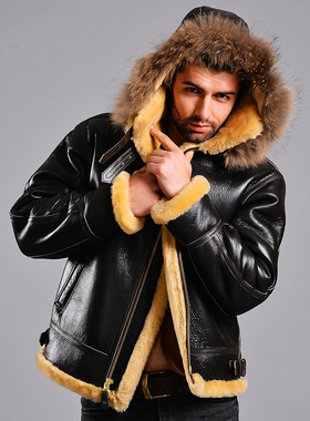 加厚高端美国进口轰炸机B-3飞行员真皮衣COCKPIT羔羊皮毛一体带帽