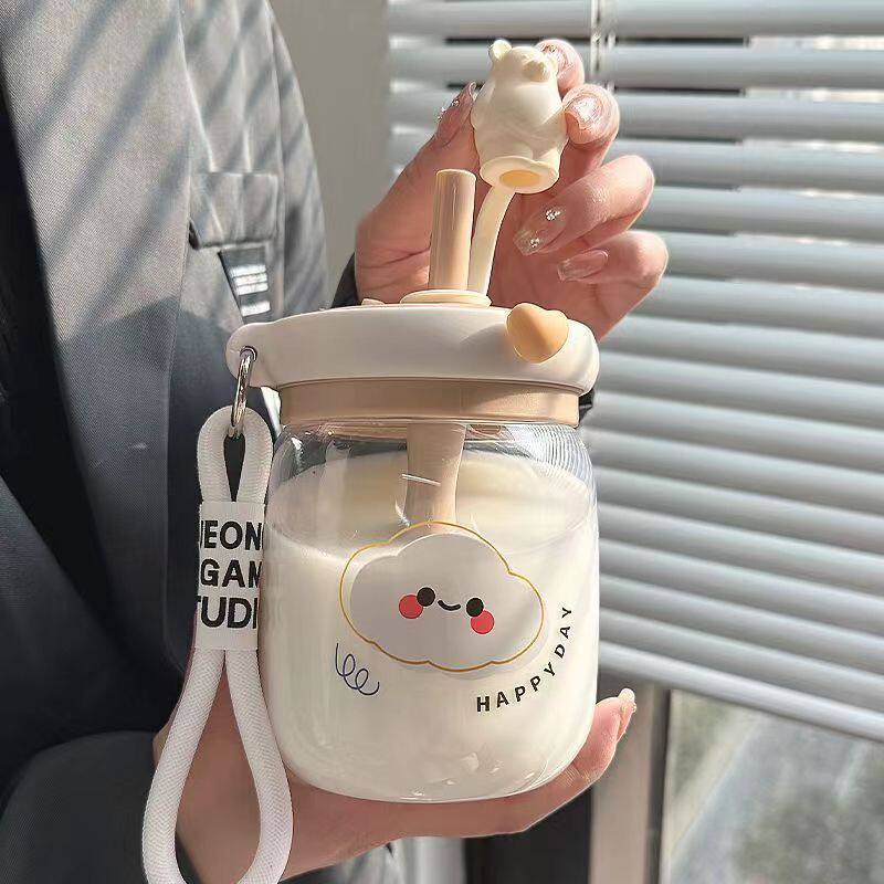 水杯女生高颜值可爱吸管搅拌杯办公室双饮玻璃杯儿童2024新款杯l