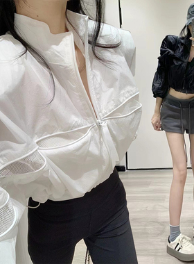 欧货辣妹炸街立领轻薄透气网眼拼接防晒衣短外套女宽松小个子夹克