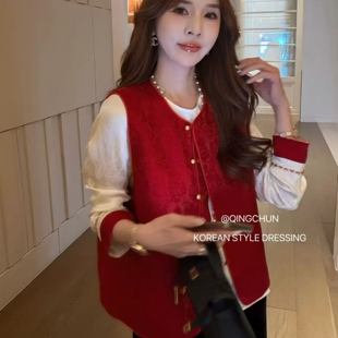 新中式 气质两件套 国风圆领葫福禄红色马甲女叠穿盘扣坎肩背心衬衫