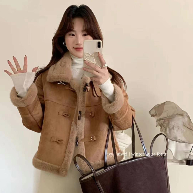 高级感炸街立领牛角扣皮毛一体加厚兔绒毛毛外套机车服女2025冬季,女装/女士精品,短外套,淘宝优惠券,粉丝福利购,淘宝优惠卷