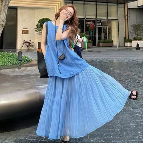 蕾丝拼接假两件无袖背心连衣裙女