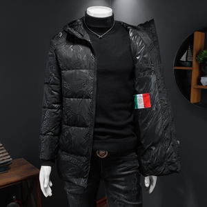 7410 冬季中长款羽绒服男连帽白鸭绒袖标保暖外套 P300图片