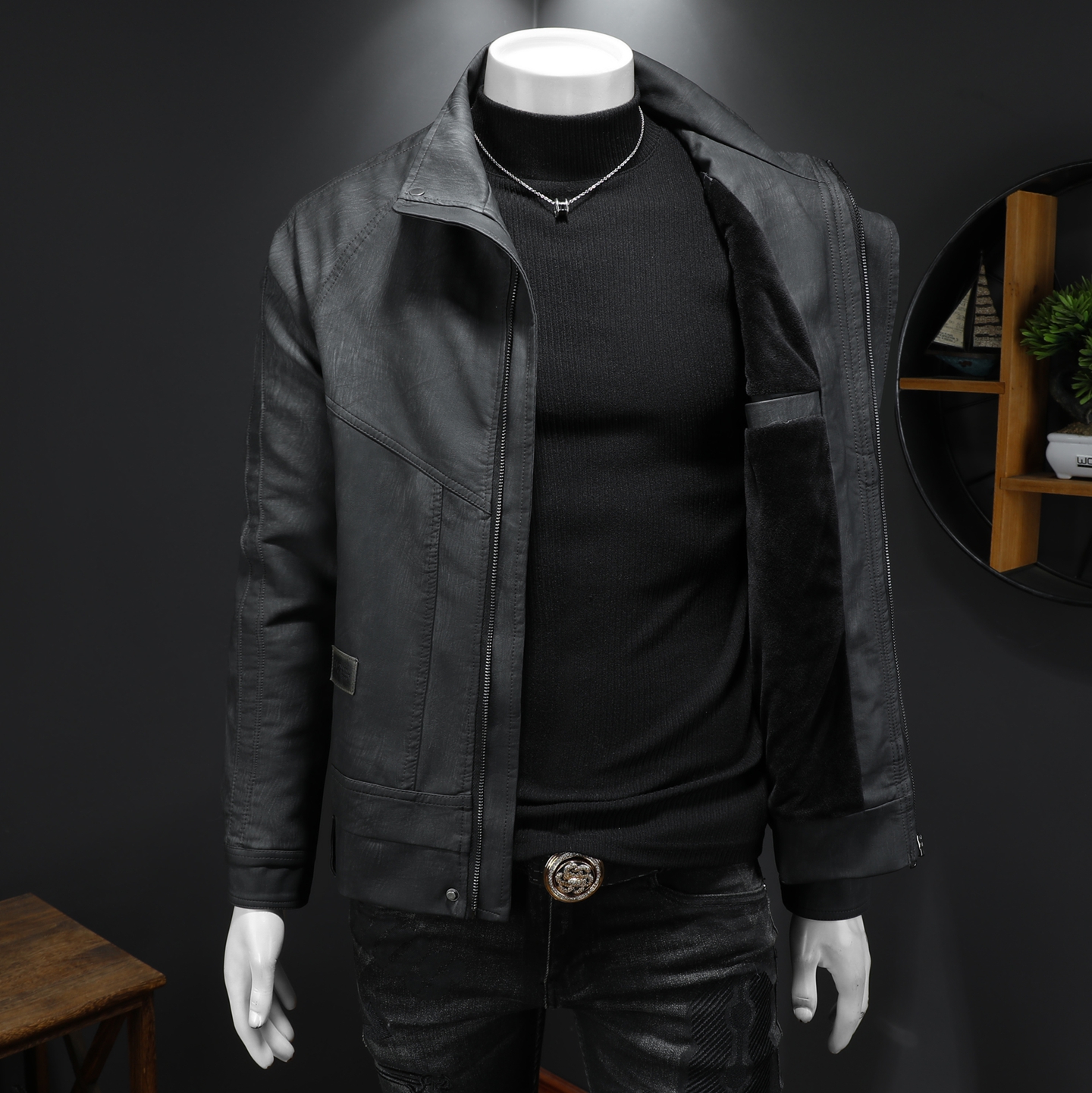 2025新款男皮衣加绒加厚秋冬机车服QT212-货号9012-P160假模图，男装皮衣，钱塘2010A