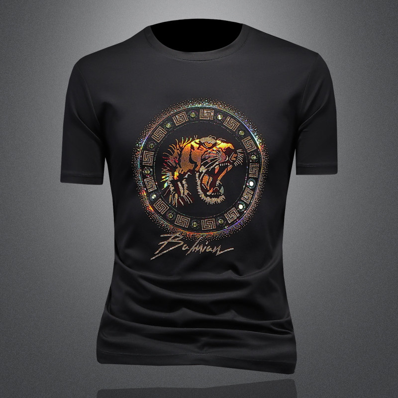 2024夏季新款潮牌烫钻修身圆领短袖T恤货号B173P100镂空图，男装T恤，钱塘2010-1