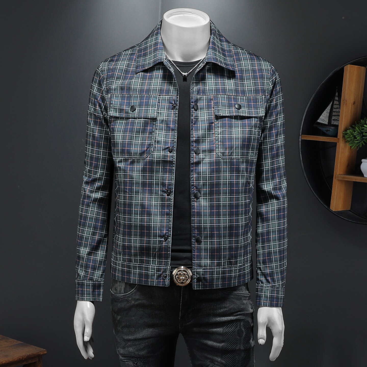2026春季新款男士翻领格子夹克QT212-货号F7776-P185假模图，男装夹克，钱塘2010A