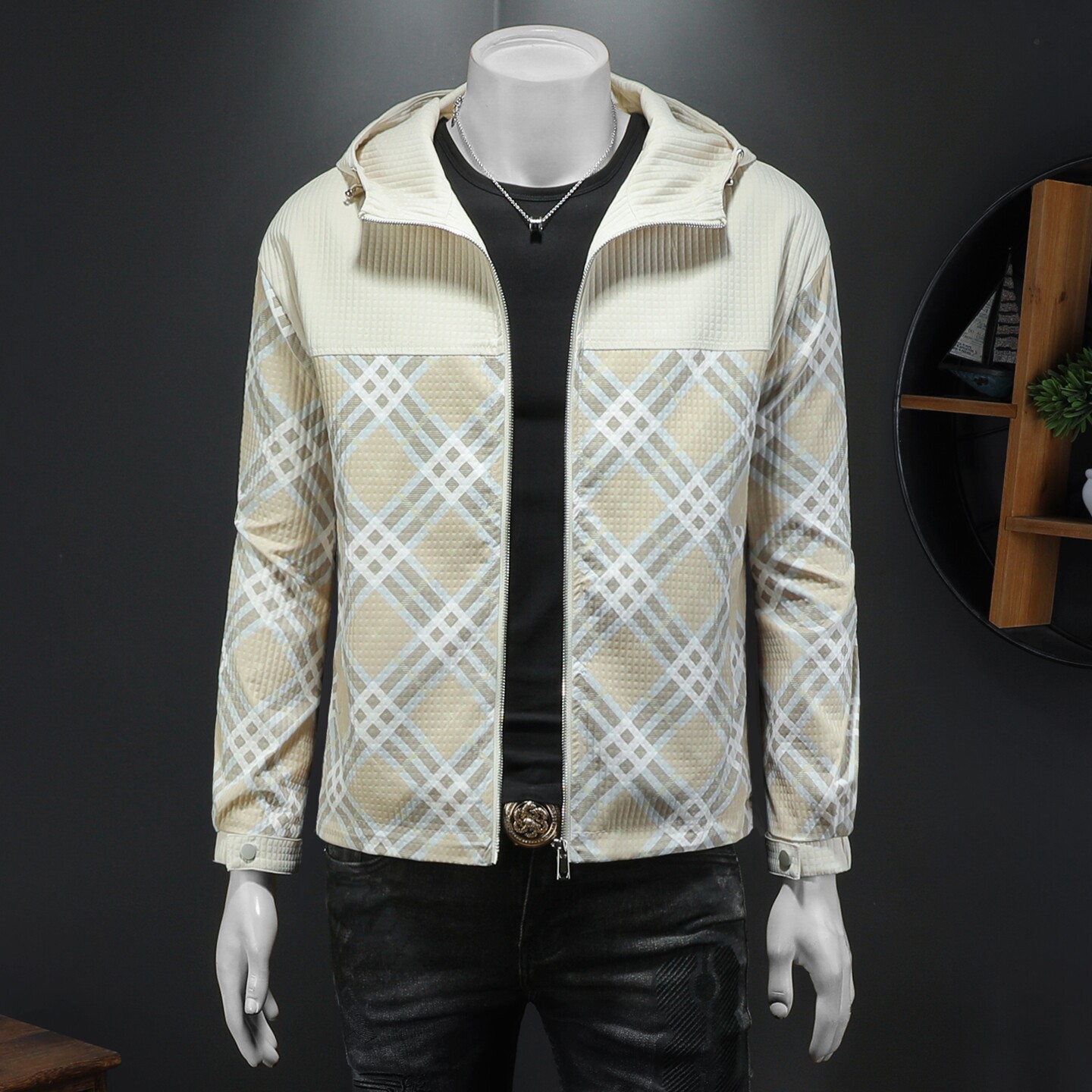 2026春季新款男士连帽格子拼接夹克QT212-货号F7772-P175假模图，男装夹克，钱塘2010A