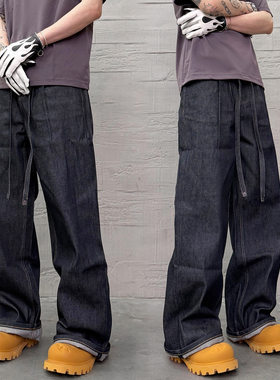 KISSNATE「剑道双褶」原牛13盎司宽松廓形美式深蓝休闲原浆牛仔裤