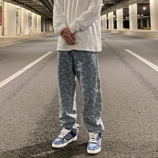 满印刺绣宽松直筒男女休闲牛仔裤 KISSNATE美式 街头嘻哈腰果花长裤