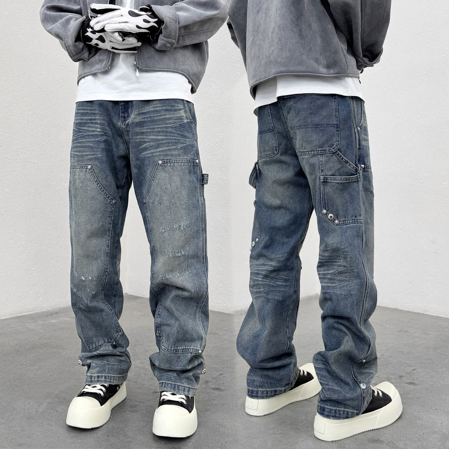 KISSNATE重磅蓝松石柳钉裤人工压绉猫须牛仔裤男女直筒休闲伐木裤,男装,牛仔裤,淘宝优惠券,粉丝福利购,淘宝优惠卷