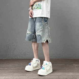 毛边五分裤 KISSNATE美式 街头水洗做旧五角星拼接猫须直筒牛仔短裤