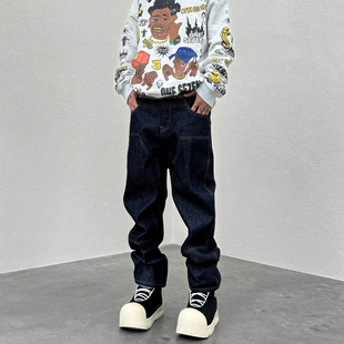 KISSNATE潮牌美式 街头原浆原色直筒BAGGY直筒休闲深蓝伐木牛仔裤