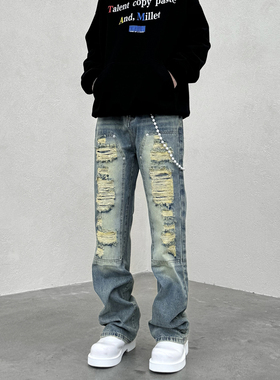 KISSNATE潮牌VIBE美式水洗做旧破洞破坏补丁直筒微喇长裤男牛仔裤
