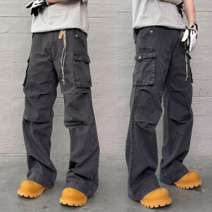 KISSNATE春夏「伞兵褶皱」暗灰水洗做旧复古vintage多口袋工装 裤