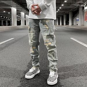 潮WOO高街经典水洗做旧破洞补丁猫须修身休闲裤子潮牌INS牛仔裤男