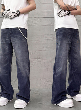 KISSNATE潮牌「猫须灯芯绒」直筒水洗法工蓝cleanfit男女休闲长裤