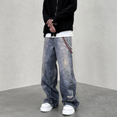 KISSNATE潮牌VIBE美式 3D脏染泼墨破洞印花直筒休闲水洗男女牛仔裤