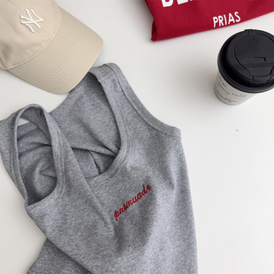 小众设计大红色字母刺绣棉质螺纹无袖大弹力背心修身显瘦遮副乳女