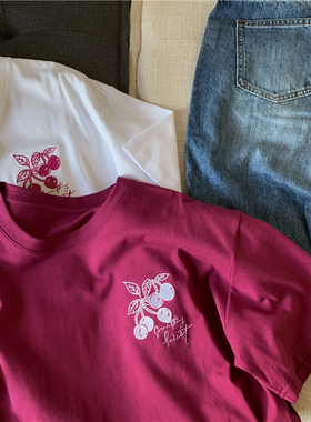 22夏季/白色/樱桃红/复古刺绣樱桃T恤女小宽松圆领短袖INS棉上衣
