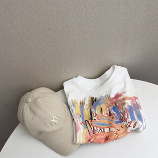 圆领小板型正肩满印棉质弹力T恤减龄可爱彩色兔子短袖上衣25夏新