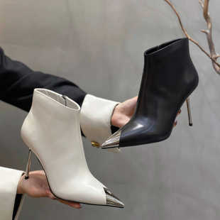 2025秋冬季欧美时尚女鞋尖头细跟女鞋侧拉链金属头胎牛皮短靴性感