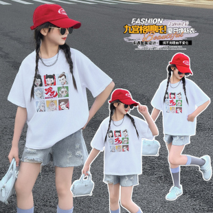卡通风白色短袖T恤女大童学生宽松动漫印花上衣宽松型哪吒印花潮