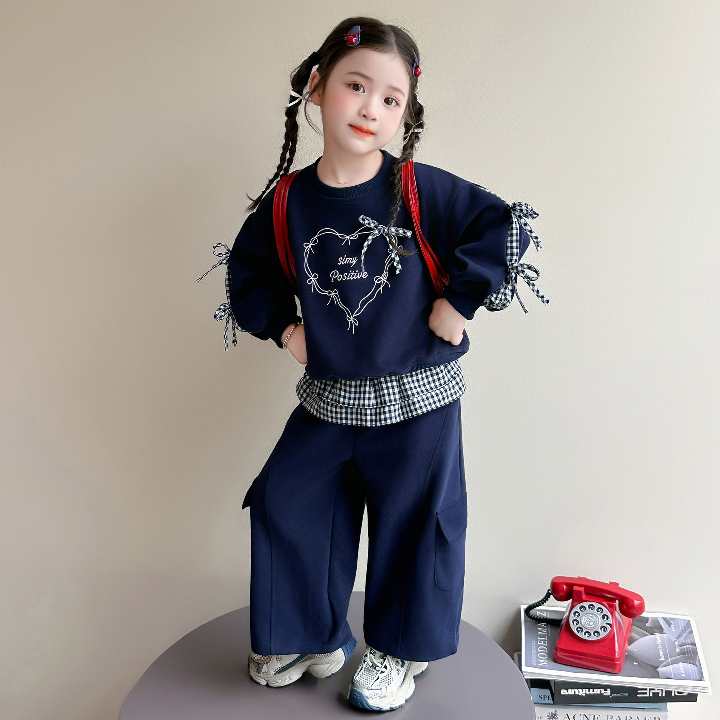 女宝宝秋季时尚蝴蝶结格纹卫衣套装2026新款儿童韩版小女孩两件套