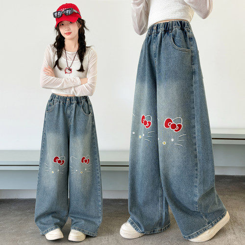 女童洋气绣红领结猫咪牛仔阔腿裤
