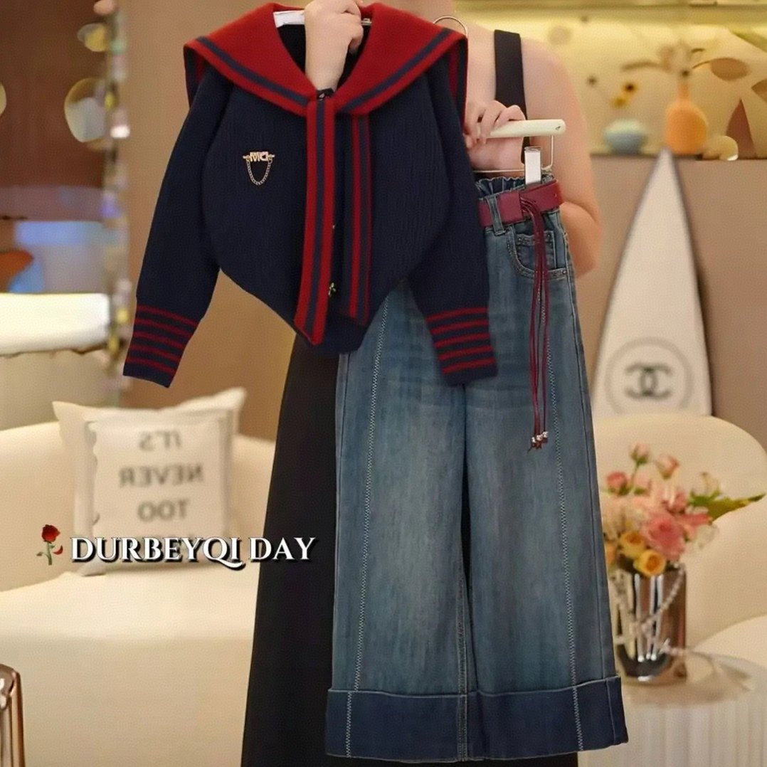 女童海军领针织开衫套装春秋2025新款学院JK长袖上衣直筒牛仔裤潮,童装/婴儿装/亲子装,套装,淘宝优惠券,粉丝福利购,淘宝优惠卷