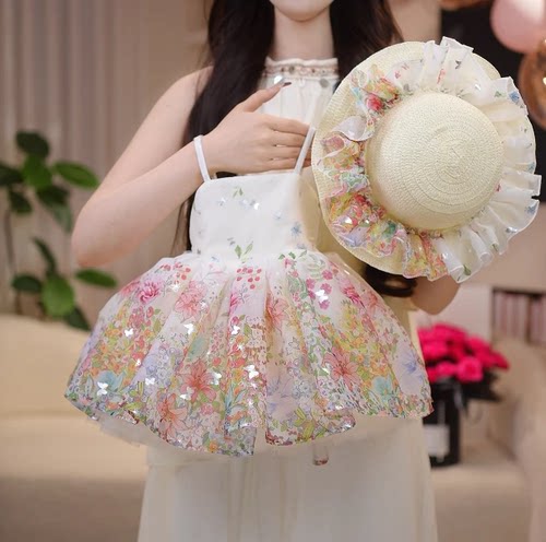 夏装吊带裙碎花网纱礼服裙