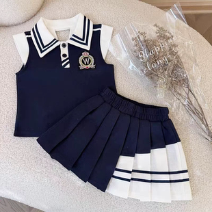 儿童洋气女宝宝夏装 2025新款 百褶裙两件套潮 夏季 女童学院风套装