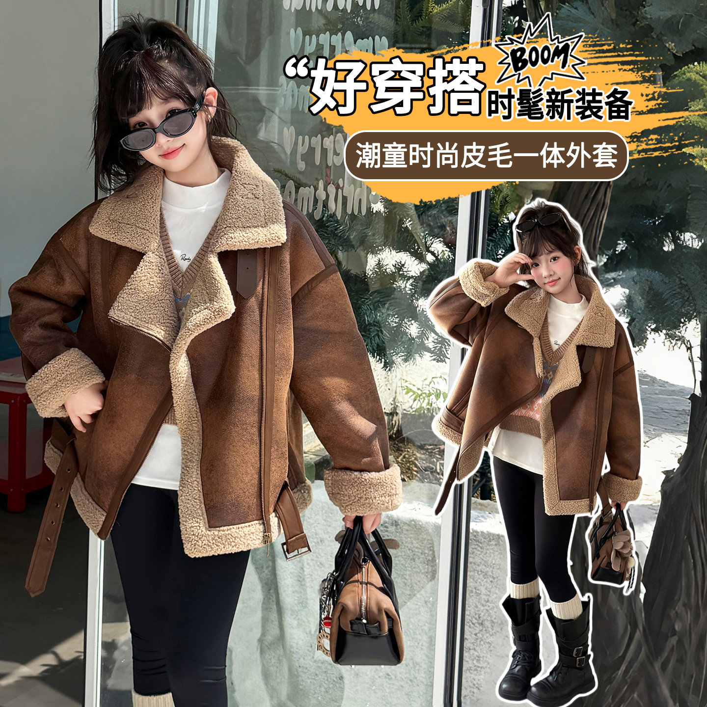 美式复古皮毛一体羊羔毛外套女冬季加厚翻领机车服短款