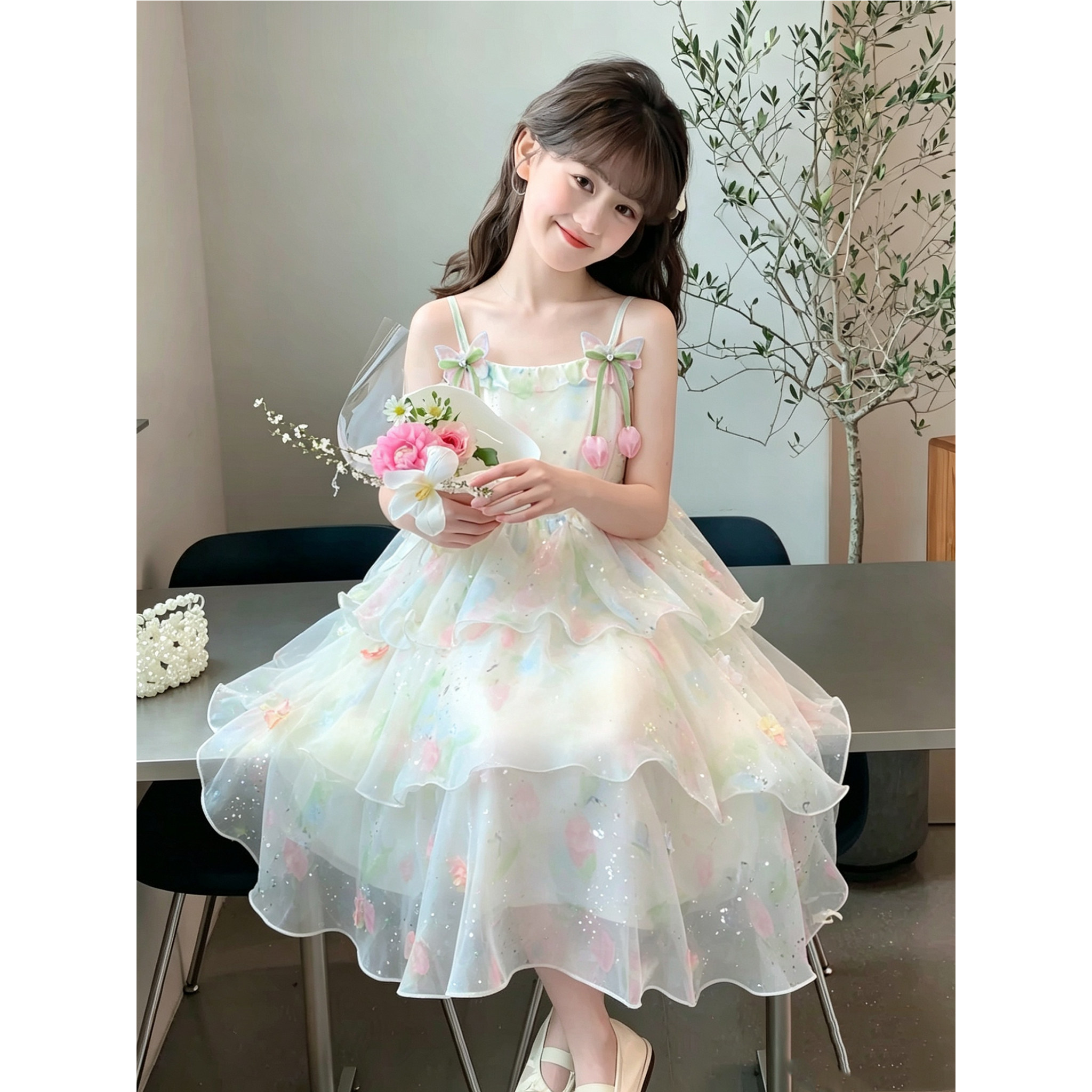 甜美少女风碎花吊带连衣裙女童夏季蛋糕裙公主裙女孩子度假风裙子