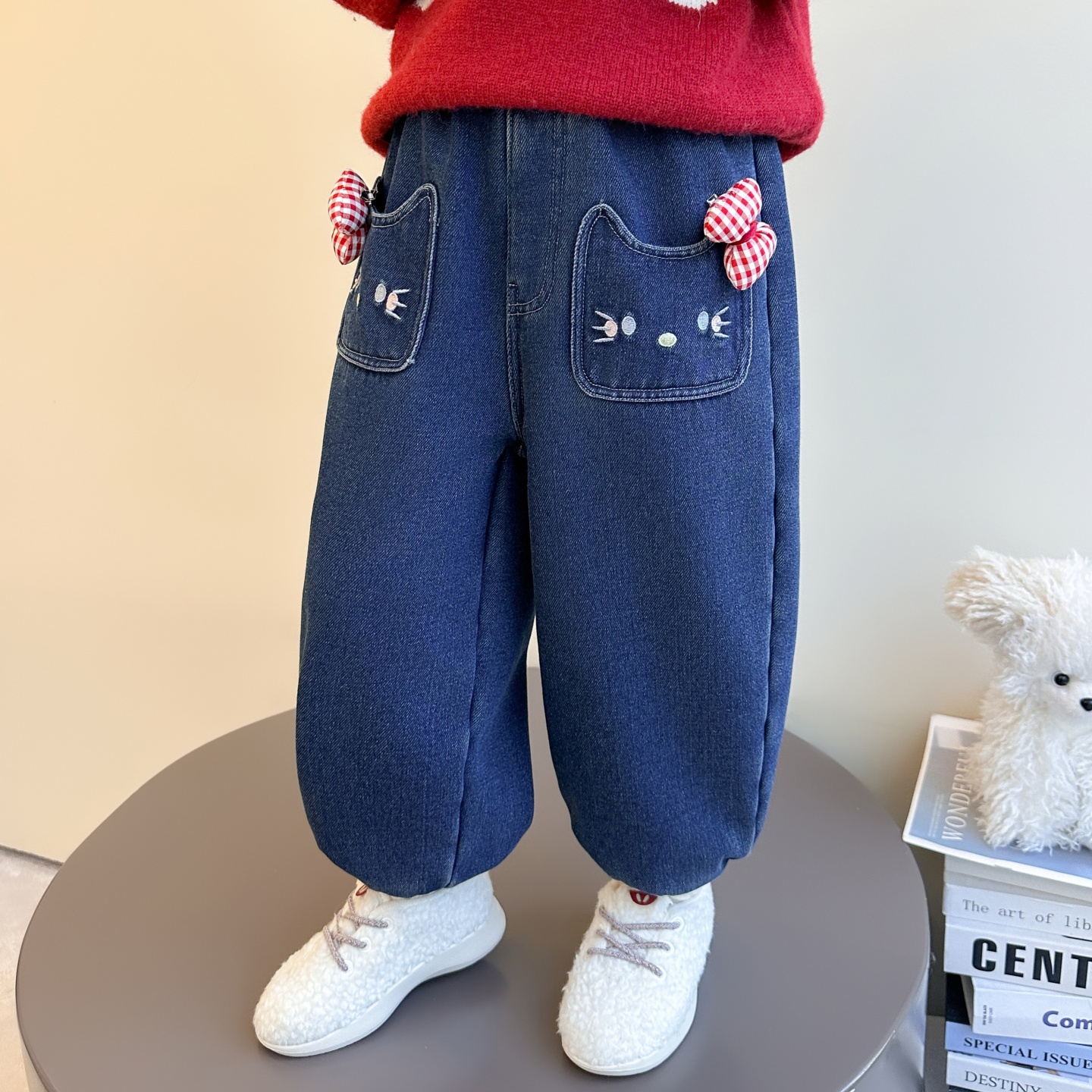 女童蝴蝶结猫咪口袋加绒牛仔裤潮