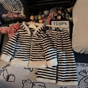 女童条纹睡衣套装2025冬季新款加绒加厚居家服外穿两件套冬服