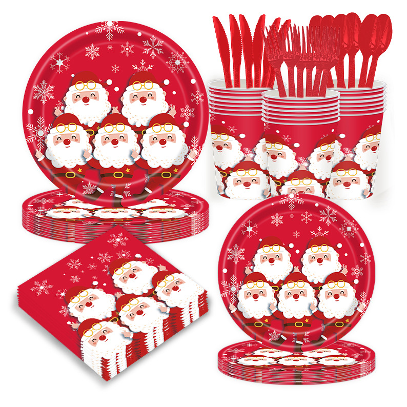 红色圣诞节派对装饰餐具套装圣诞老人雪花节日一次性纸盘纸杯桌布