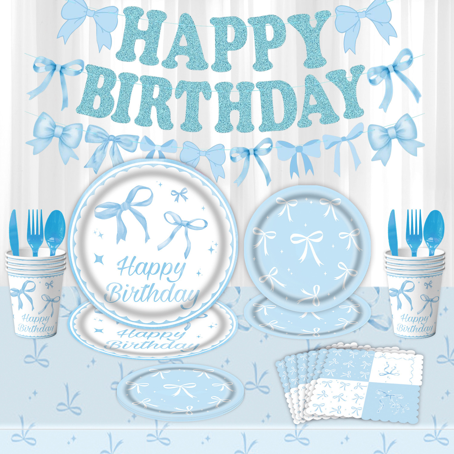 蓝色蝴蝶结主题生日纸盘纸杯桌布