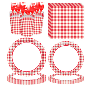红色格子餐具聚会生日派对装饰用品一次性纸盘纸杯纸巾餐盘碟子