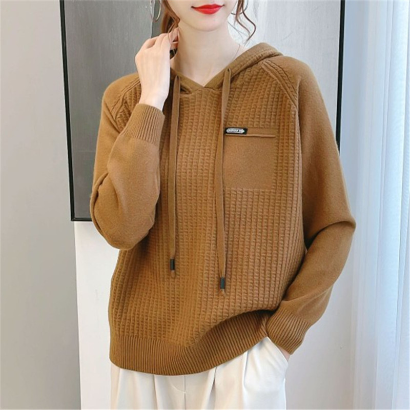 Hooded sweatshirt women's 2024 new spring korean version loose women's short sweater spring and autumn solid color knitted top