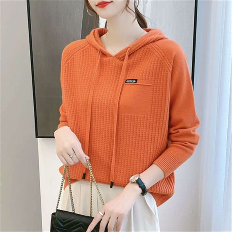 Hooded sweatshirt women's 2024 new spring korean version loose women's short sweater spring and autumn solid color knitted top