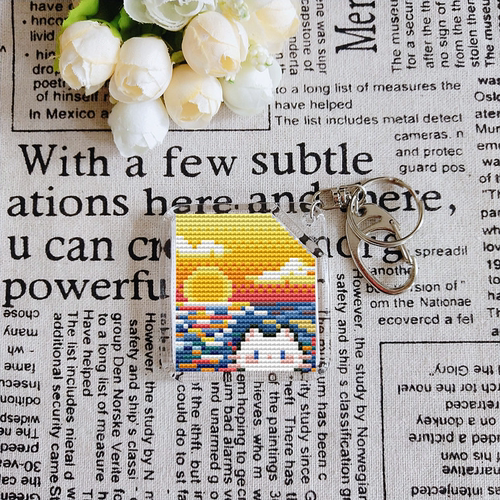 法国DMC十字绣 套件手工 双面绣挂件 钥匙扣 材料包日落卡通猫咪