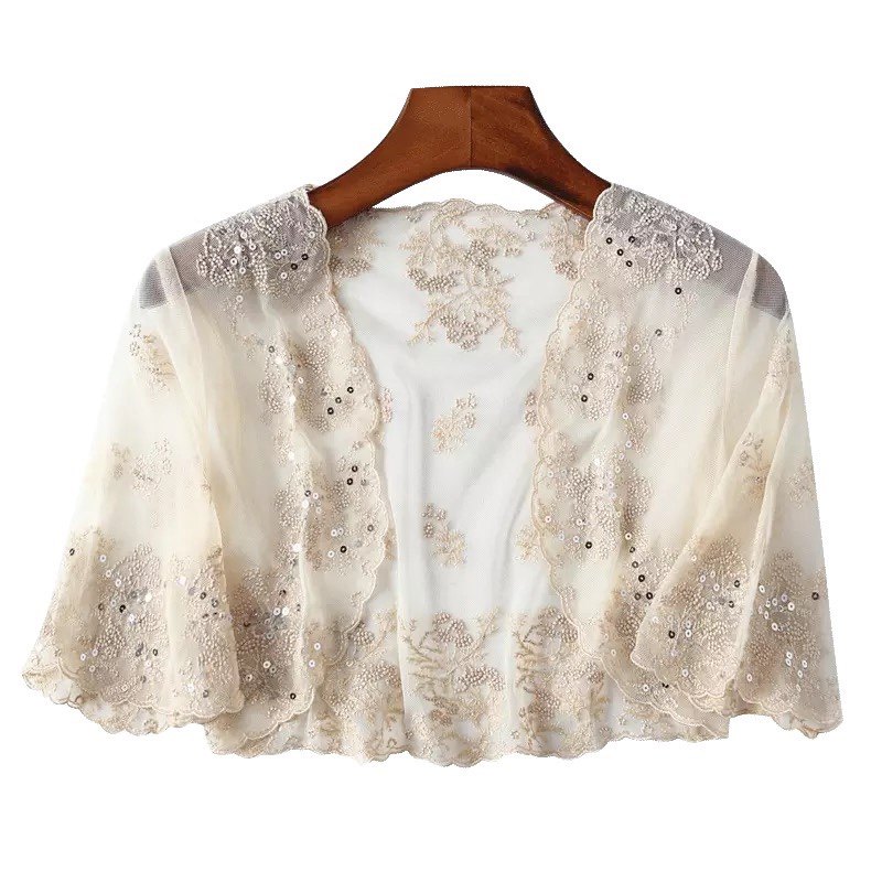 新款刺绣亮蕾丝外搭 女披肩外套透明夏季短袖小坎肩 女夏天薄开衫
