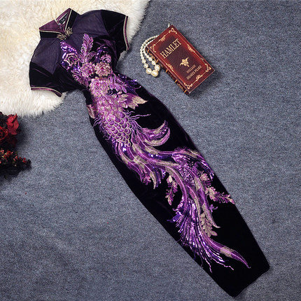 凤凰传说经典刺绣高贵气质长款旗袍礼服包边丝绒2026新款女春夏
