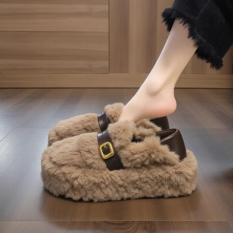 两穿毛毛鞋女2025年新款冬季厚底增高皮带扣加绒保暖一脚蹬棉鞋
