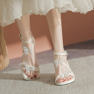 一字带蝴蝶花露趾高跟鞋 绝美仙女风法式 新款 女2025夏季 潮 粗跟凉鞋